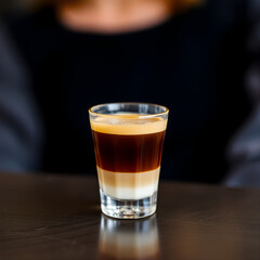 A delicate cortado in a short glass, with equal parts espresso and steamed milk creating a smooth texture