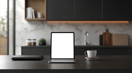 Obraz premium Modern kitchen setting with a blank-screen phone on the counter, a laptop, and a cup of tea nearby
