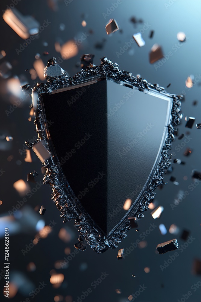 Poster a surreal black shield floats surrounded by flickering holographic data fragments that glitch subtly