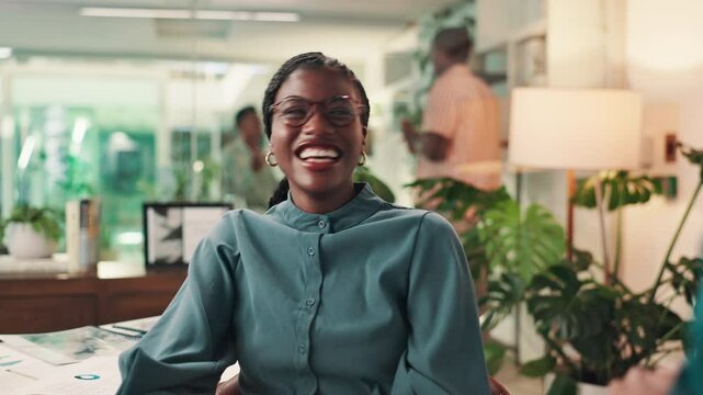Design, funny and planning with business black woman in office for conversation or project management. Explain, laughing and our vision with happy employee speaking to colleague for idea or update