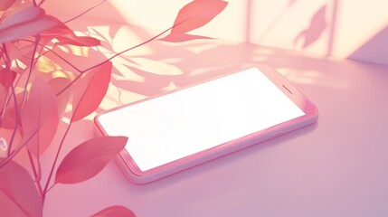 Modern phone with a blank white screen on a pastel background, illuminated by gentle natural sunlight