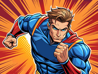 Pop art comic book style super hero punching with male superhero costume