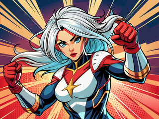 Pop art comic book style super heroine punching with white hair female superhero costume poster