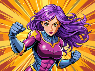 Pop art comic book style super heroine punching with violet hair female superhero costume poster design wall decoration illustration