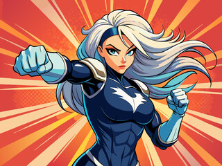 Pop art comic book style super heroine punching with white hair female superhero costume poster design wall decoration illustration