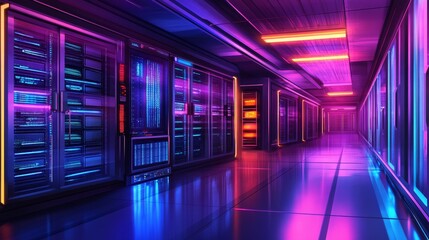 Futuristic data center corridor illuminated by vibrant neon light, showcasing advanced technology and servers
