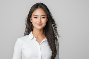 Obraz premium A studio portrait of a young Asian woman expressing resilience, her gaze steady and focused
