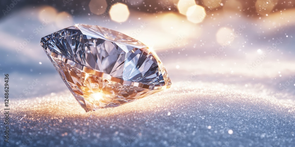Poster sparkling diamond glimmering on the surface of fresh white snow with soft bokeh background and glint