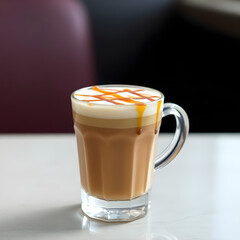A frothy macchiato with a caramel drizzle on top, served in a small transparent glass