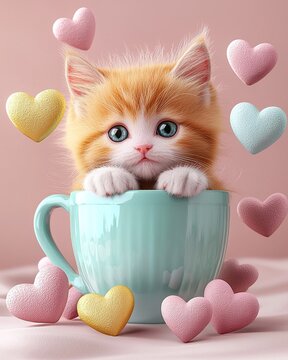 Kitty cat inside a coffe mugg surrounded by floating hearts. Ai Generative