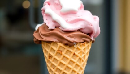 A Close-Up A Delicious Ice Cream Cone Pink, White And Chocolate Ice Cream