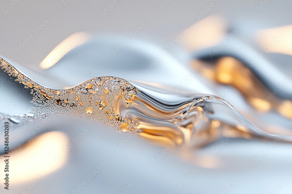 Poster fluid waves of molten silver and gold shift gracefully in mid-air, capturing soft ethereal light and