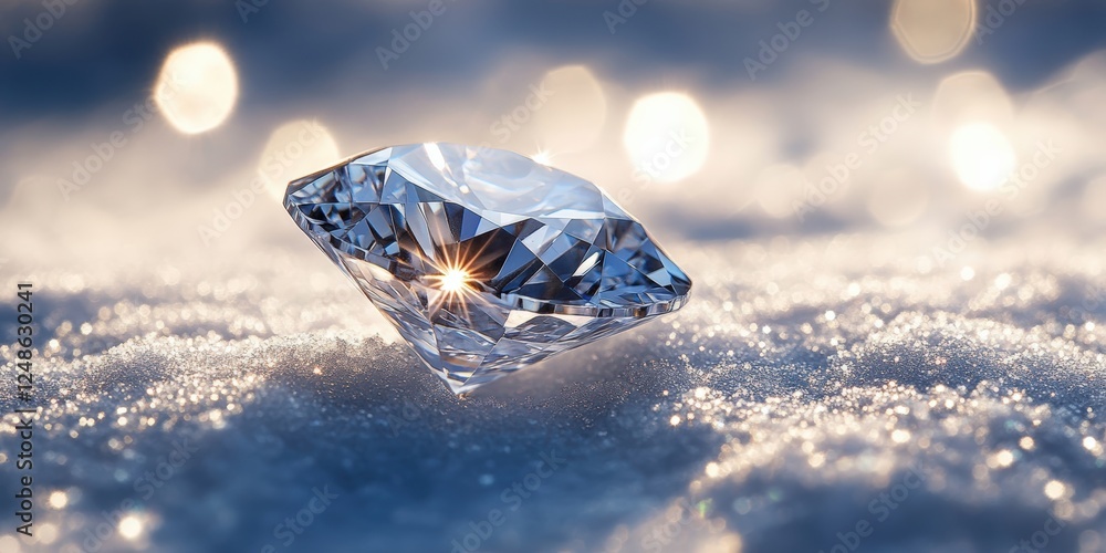 Poster sparkling diamond resting on soft shimmering white surface with bokeh background creating a dreamy a