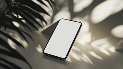 Phone with a white screen mockup on a light surface, soft morning sunlight casting subtle shadows.