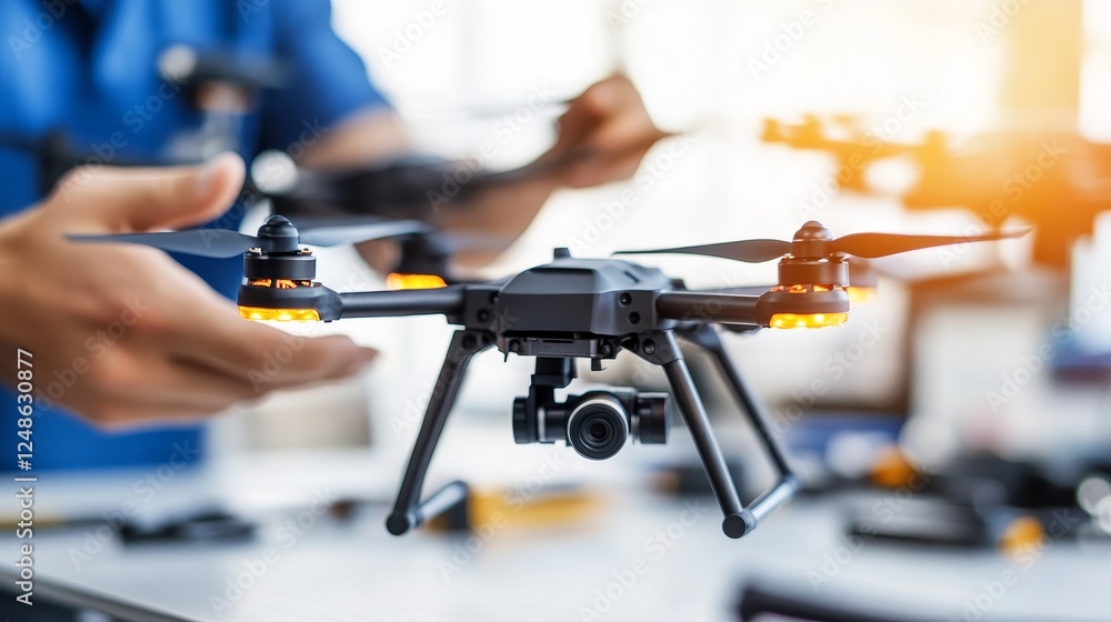 Poster close-up of a person assembling a drone with a camera in a bright workspace, showcasing technology
