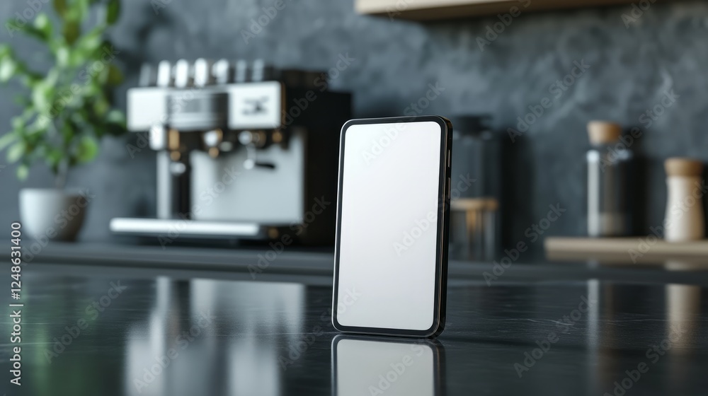 Poster sleek smartphone with a blank display resting on a modern kitchen counter with a coffee machine in t