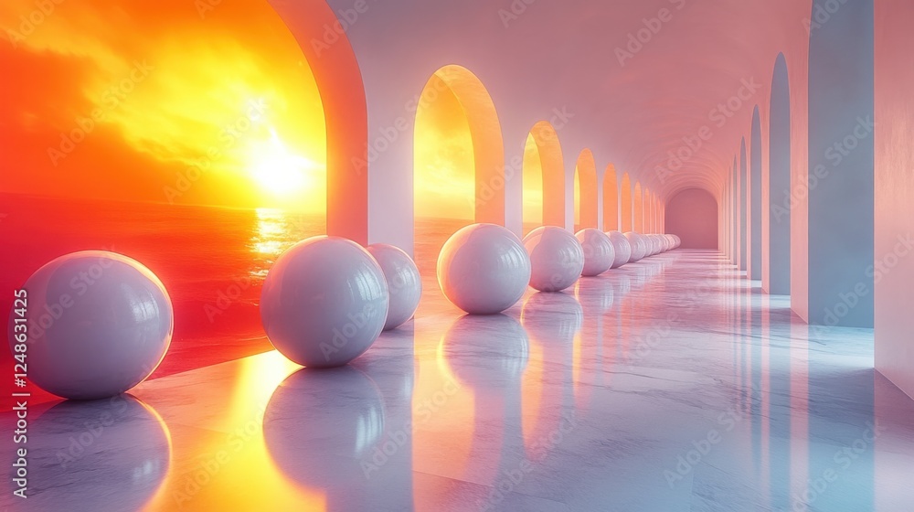 Poster serene sunset view through arches with reflective spheres in a modern architectural setting