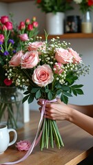 Obraz premium Beautiful pink rose bouquet with baby's breath on wooden table