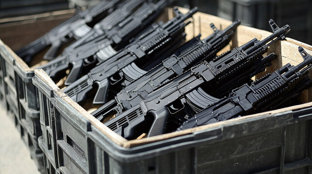 An open crate full of machine guns, assault rifles seized by authorities at a warehouse from shipment of illegal weapons smuggling, an effort to combat violent crime, drug cartels, insurgent rebels.