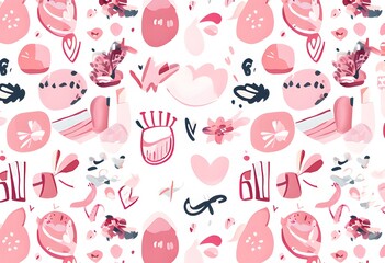 abstract illustration of seamless pattern of whimsical hand-drawn shapes and icons in soft pastel hues