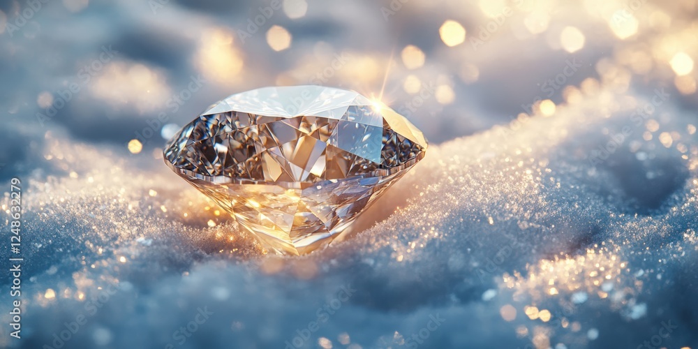 Poster sparkling diamond set against a soft white backdrop with glimmering light reflections and subtle bok