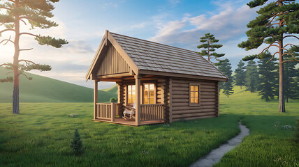 Obraz premium Wooden Log Cabin with green field