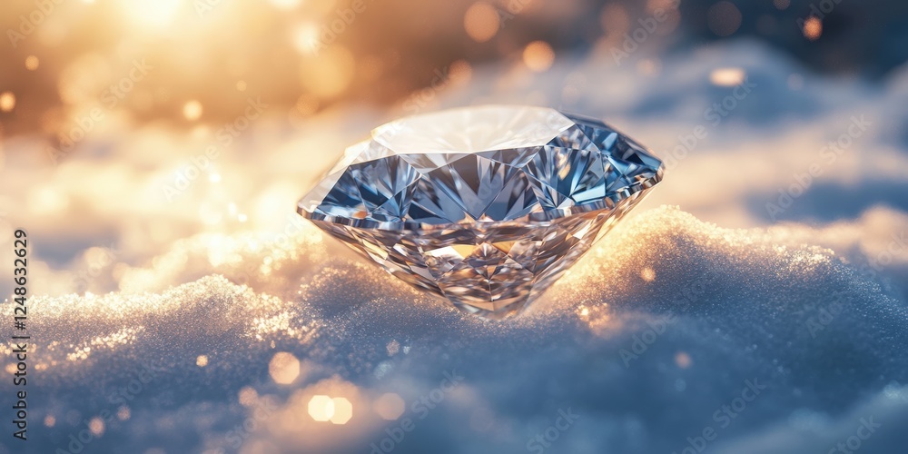 Poster sparkling diamond set against a glimmering white backdrop with gentle light reflections and delicate