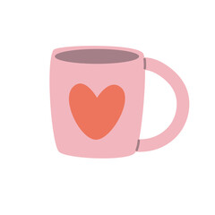 Cup with heart. Pink cup with red hearts for Valentine's Day illustration. Vector flat illustration