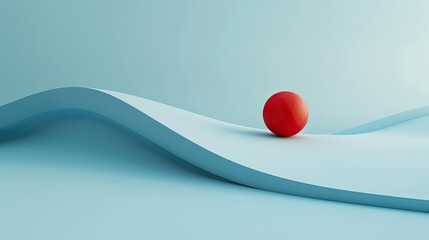 Minimalist abstract background with a red ball rolling on a light blue curved surface