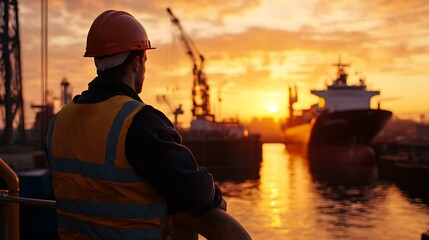 Dockside safety worker in a hard hat and protective uniform at a shipyard during sunset, overseeing operations as ships rest in the background