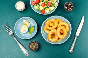 Fried calamari squid, seafood.