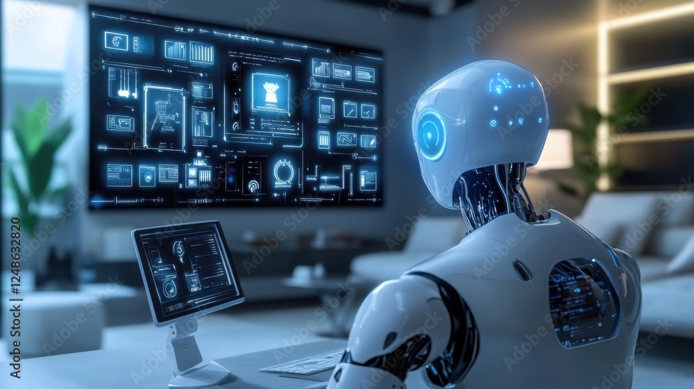 Poster robots using multi-screen computer systems with a lot of data for modern learning work.