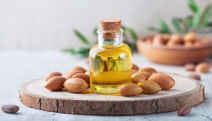 Obraz premium Small glass bottle with argan oil. Organic product for skin and hair. Natural cosmetic.