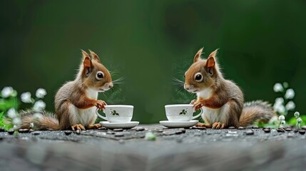 Two cute baby squirrels having tea, cute and smiling