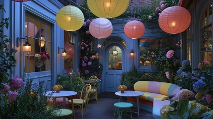 A colorful and fun outdoor seating area with neon-colored cushions