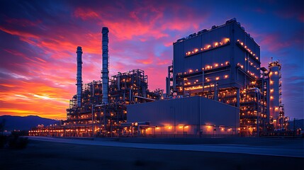 Fototapeta premium Illuminated desert power plant at sunset, energy production