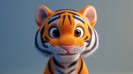 Obraz premium Cute cartoon tiger cub, close-up portrait, soft background, children's book illustration