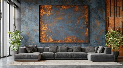 Modern Industrial Living Room Interior Design with Sectional Sofa and Copper Wall Art