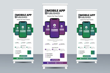 Mobile app promotion roll-up banner, smartphone application business pull-up banner, or x-banner print template