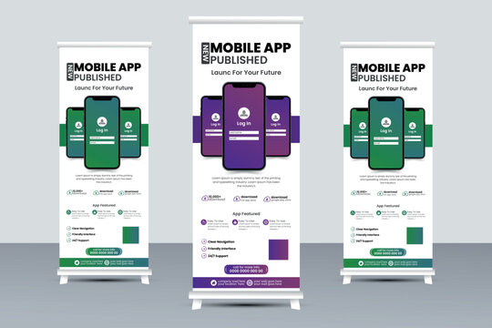 Mobile app promotion roll-up banner, smartphone application business pull-up banner, or x-banner print template