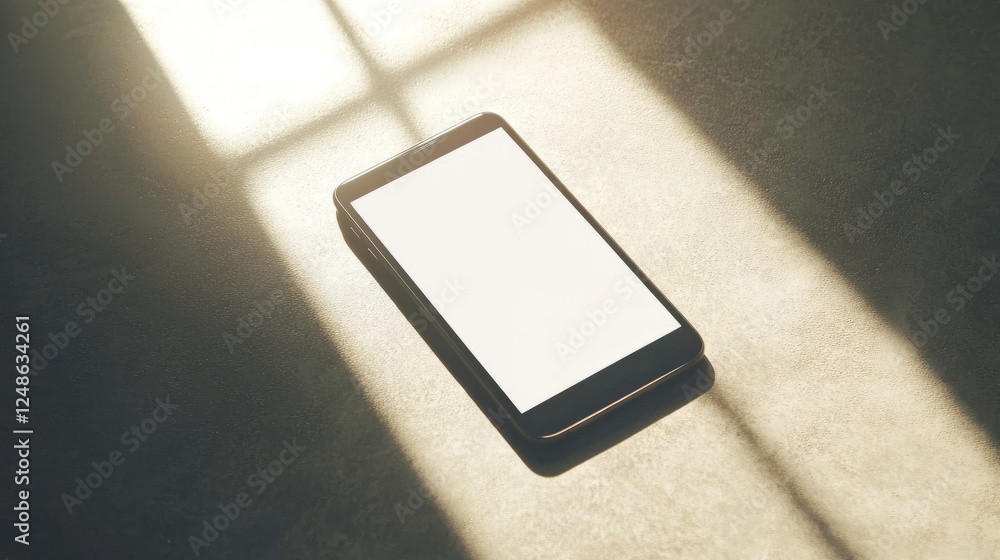 Poster top view of a smartphone with blank white screen on a bright, simple background with soft sunlight.