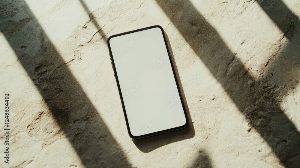 Aufkleber top view of a smartphone with blank white screen on a bright, simple background with soft sunlight.