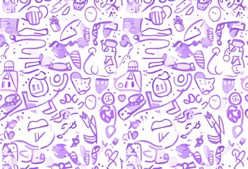 abstract illustration of seamless pattern of whimsical hand-drawn shapes and icons in soft pastel hues