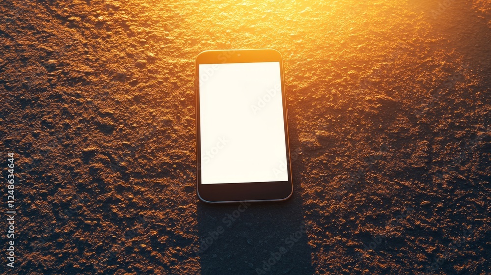 Poster top view of a smartphone with blank white screen on a bright, simple background with soft sunlight.