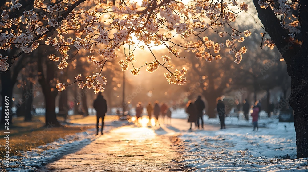 Poster wide view of a park with blooming trees in soft sunlight. generative ai