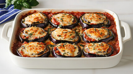Baked eggplant parmesan in white dish with melted cheese
