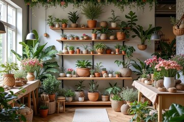 Lush green indoor garden with various potted plants on wooden shelves