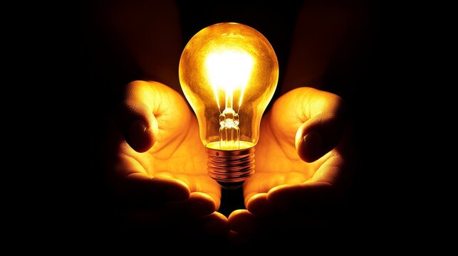 Hands holding a glowing light bulb symbolizing innovation and creativity in a dark setting