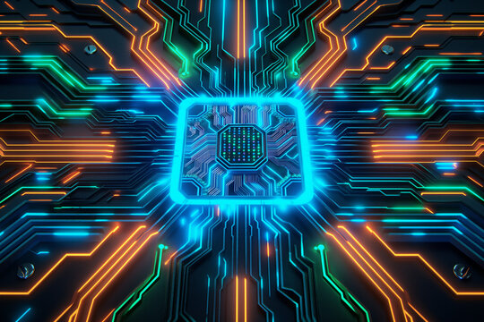 A hyper-realistic close-up of a futuristic microchip, illuminated by glowing neon connections in vibrant colors like electric blue, neon green, and fiery orange
