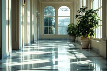 Fototapeta premium Sunlit Marble Hallway with Plants and Large Windows: Architectural Beauty in Sunlight